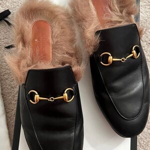 Gucci Black Leather Fur-Lined Loafers